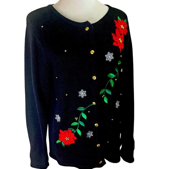 Vintage Black Holiday Cardigan Poinsettia & Snowflake Embroidery Size M (10–12) - Picture 2 of 7